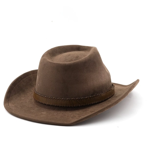 Detail of brown faux suede cowboy hat showing textured crown and stitched leather band