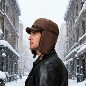 Men's winter brown faux leather trapper hat with warm ear flaps and thick fleece lining
