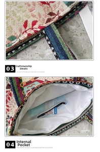 Detailed view of the woven tote bag featuring floral patterns and a zippered inner pocket
