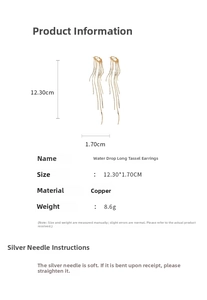 Detail view of water drop tassel earrings with 12.30cm length and material specifications