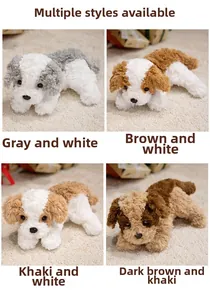 Collage of four lying plush puppies in gray, brown, khaki, and coffee color variants