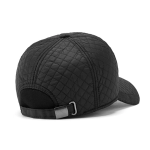 Detail view of winter baseball cap featuring diamond quilting and adjustable metal buckle