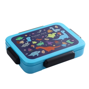 Blue bento lunch box with Dinosaur World theme and secure black side buckles