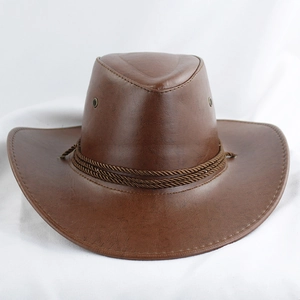 Chapeau de cowboy marron en cuir avec large bord, corde tressée et œillets d'aération