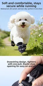 Detail of waterproof dog shoes with adjustable drawstrings and secure elastic cuffs