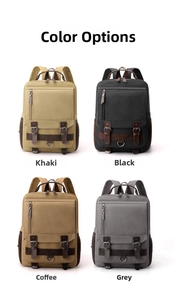 Retro canvas backpack color options in khaki, black, coffee, and grey with buckle flaps