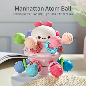 Manhattan ball baby teether toy with pink rabbit base and colorful sensory tubes