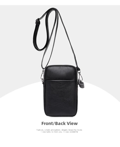 Vue arrière du petit sac bandoulière pour téléphone en cuir noir avec grain de litchi