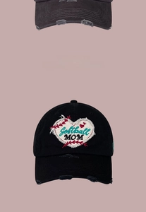 Detail showing distressed holes and Softball MOM heart embroidery on vintage baseball cap