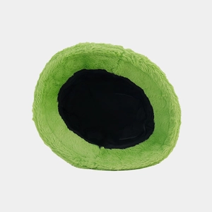 Top view of bright green plush bucket hat showing fuzzy texture and black fabric lining
