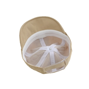 Khaki baby baseball cap with rabbit ears detail showing interior lining and velcro strap