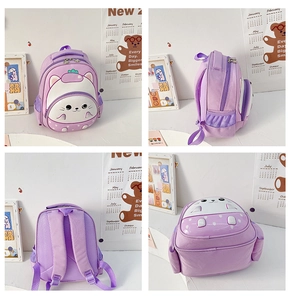 Detailed views of purple cartoon cat backpack with breathable mesh back and padded straps