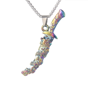 Retro colorful stainless steel saber necklace with detailed dragon totem engraving
