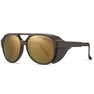 Matte brown vintage cycling sunglasses with gold mirrored lenses and side shields