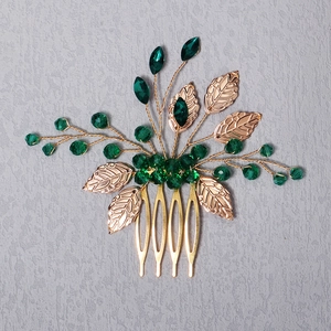 Elegant gold leaf hair comb with green crystal beads for bridal wedding hairstyles