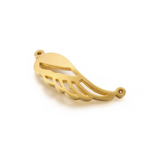 Golden hollow angel wing pendant in stainless steel with double connector rings on white background