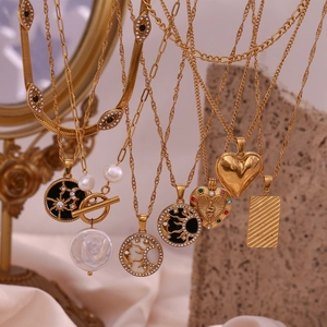 Vintage 18K gold plated stainless steel sun heart pendant necklaces with pearls