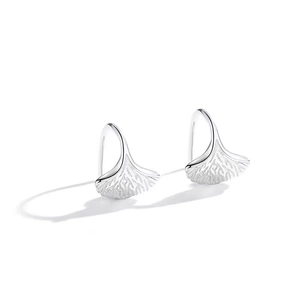 Minimalist S999 sterling silver ginkgo leaf drop earrings on a clean white background