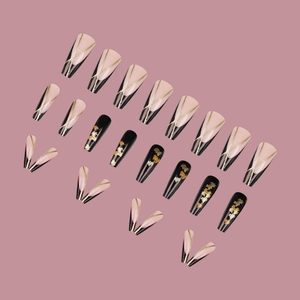 Long coffin press-on nails set with black French tips and golden maple leaf designs