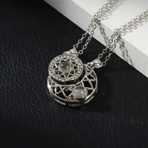 Luxury magnetic sun and moon couple necklace with love projection stone in silver finish