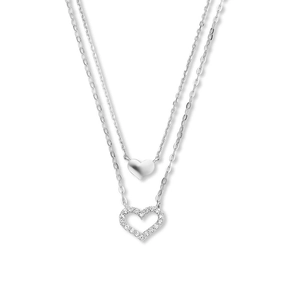 Detail of silver S925 double layer necklace with solid and hollow heart diamond pendants