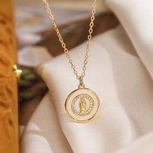 18K gold plated necklace with Virgin Mary pendant and zircon stones on satin