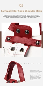 Detail of color-blocked snap-button shoulder strap and tight stitching on PU leather bag