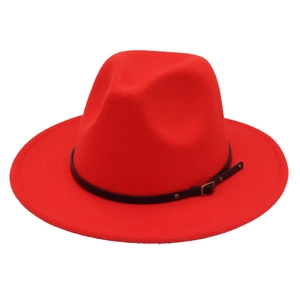 Classic red wool felt fedora hat for women with a black leather band and gold buckle