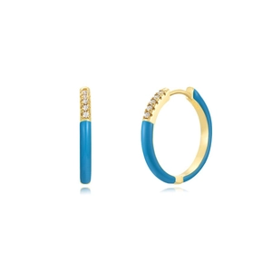 S925 silver needle gold hoop earrings with sky blue enamel and inlaid cubic zirconia