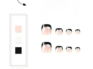 Detail view of French black tips and white heart patterns on foot press-on nail set