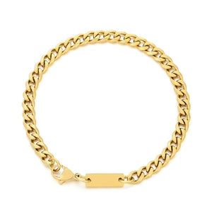 Golden hip hop Cuban link chain bracelet with a blank rectangular plaque on white background