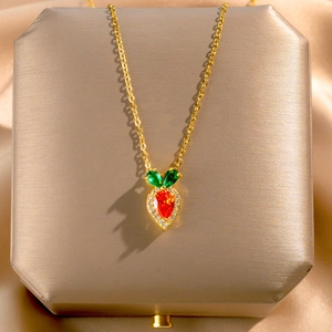 Korean Style Cute Carrot Pendant Necklace Titanium Steel Zirconia Inlaid Orange Green Vegetable Dainty Clavicle Chain Jewelry Women Gift