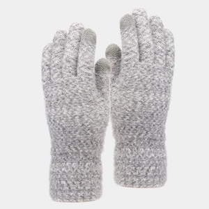 Detail of light gray knit touchscreen gloves with plush texture and ribbed cuffs