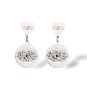 Detail of silver evil eye heart earrings featuring blue center stones and white zircons