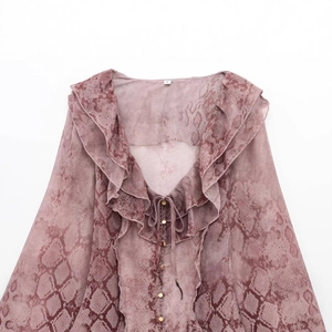 Women's snake print chiffon blouse with ruffled neckline and tie-up front detail