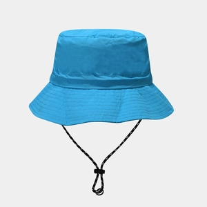 Detail of sky blue waterproof sun hat featuring adjustable wind cord and reinforced stitching