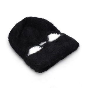 Winter fluffy knit beanie with cat ears and cartoon eyes design in black and white