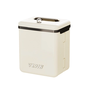 Wall-mounted cream kitchen trash bin with a silver handle and sleek minimalist design