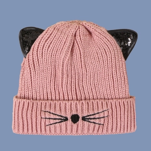 Pink knitted beanie with cat ears and black sequins for women and teenagers