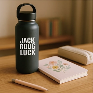 Detail of dark green matte insulated bottle with carry handle and printed white text