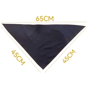 Detail showing solid black cotton pet triangle bandana with 65cm and 45cm size dimensions