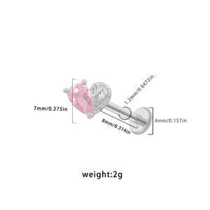 Detail showing 7mm pink heart zircon earring dimensions and silver feather design