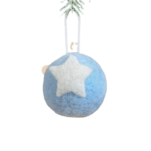 Sky blue wool felt Christmas ball ornament with white star pattern and hanging string