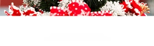 Detail of white frosted pine needles with red poinsettia and polka dot ribbon decor