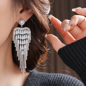 Close-up of long silver fringe earrings with sparkling zircons worn by a model