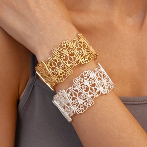 Chic matte hollow floral geometric cuff bracelet in gold and silver finish for women