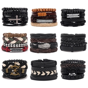 Vintage Artificial Leather Braided Bracelet For Men Women Alloy Charm Wood Bead Wrap Wristband Punk Style Fashion Jewelry