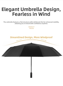 Detail of a flat aerodynamic structure on a large black automatic folding windproof umbrella