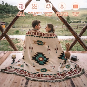 Bohemian Geometric Jacquard Blanket With Tassel Fringe Polyester Cotton Blend For Camping Picnic Sofa Throw Bed Decor