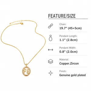 Detailed size chart for gold plated copper FE pendant necklace with zircon inlay